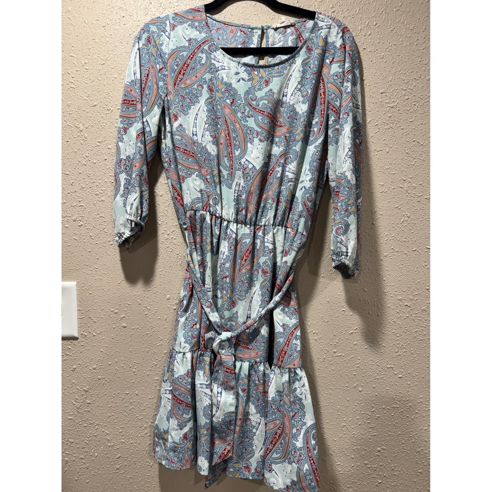 Jane‎ and Delancey Womens Blue Paisley 3/4 Sleeve Ruffle Hem Mini Dress Small